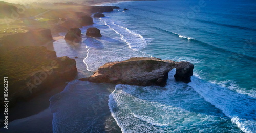 aerial view of famous beach in Northern Spain in the sunset light, Cathedrals beach - Playa de las Catedrales photo
