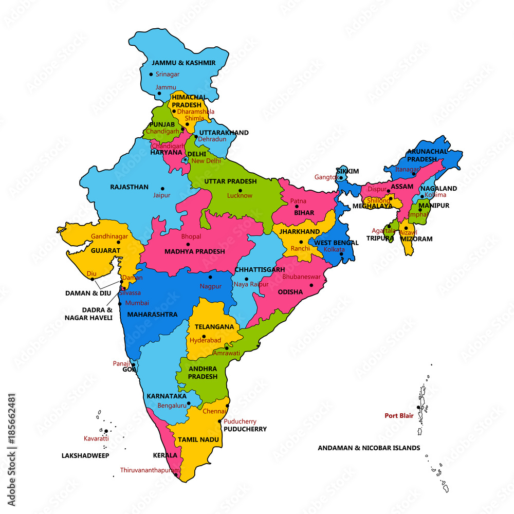 Detailed map of India, Asia with all states and country boundary Stock ...