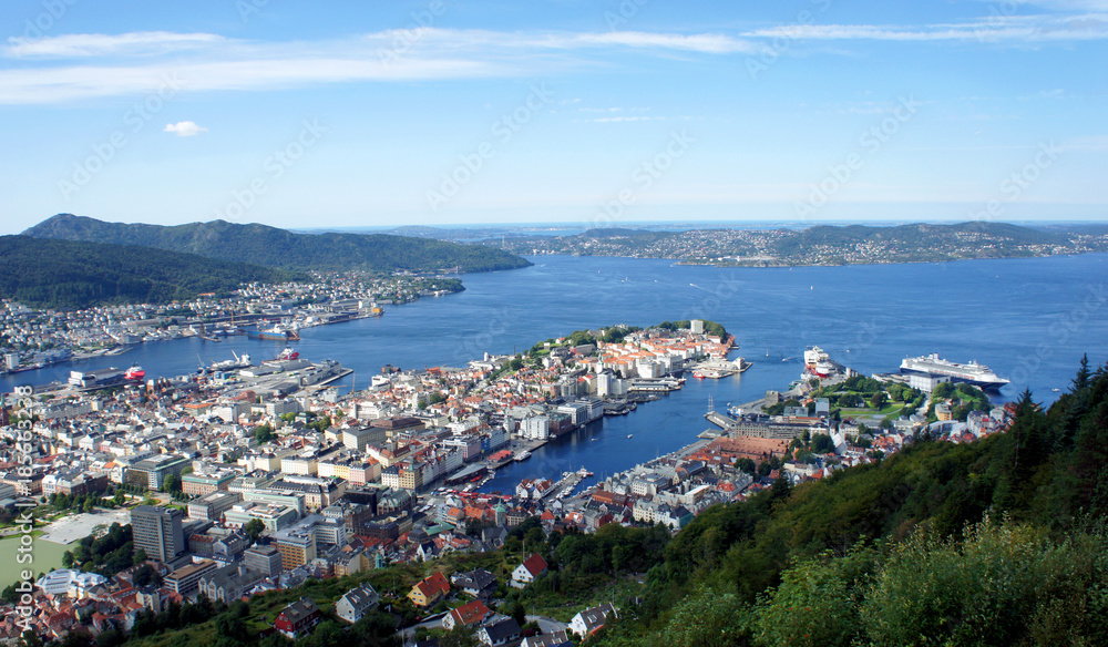 Aerial view of the port of Bergen city, beautiful landscape, sunny day, Hordaland county, Norway