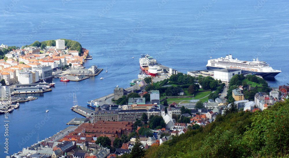 Aerial view of the harbor of Bergen city, beautiful landscape, sunny day, Hordaland county, Norway