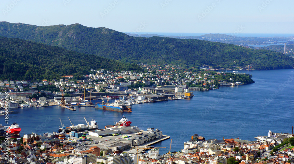 Aerial view of the centre of Bergen city, beautiful landscape, sunny day, Hordaland county, Norway