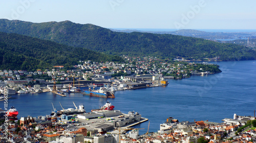 Aerial view of the centre of Bergen city, beautiful landscape, sunny day, Hordaland county, Norway