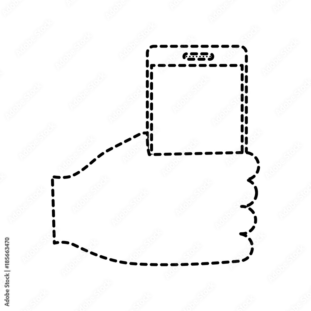 hand holding smartphone gadget icon image vector illustration design black dotted line hand holding smartphone gadget icon image vector illustration design black dotted line
