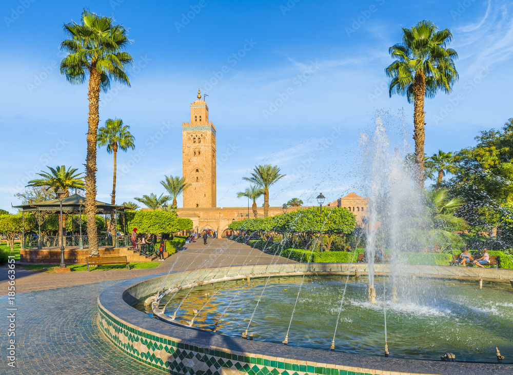 Koutoubia Mosque minaret at medina quarter of Marrakesh, Morocco