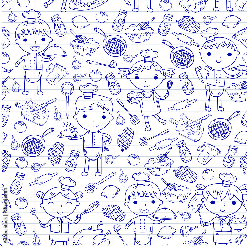 Cute Kids Chef on white background Children cooking Kitchen children  Cooking lessons Seamless pattern Stock Vector