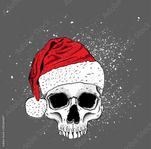 Portrait of a skull in a santa claus hat. Can be used for printing on T-shirts, flyers, etc. Vector illustration
