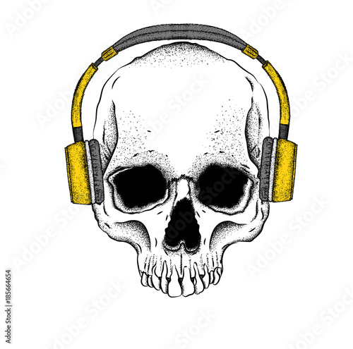 Portrait of a skull headphones. Can be used for printing on T-shirts, flyers, etc. Vector illustration