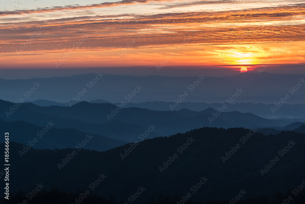 Sunset scene with silhouette mountain at Doi Langka Noi, Chiang Mai Province, Thailand Sunset scene with silhouette mountain at Doi Langka Noi, Chiang Mai Province, Thailand