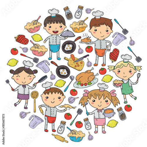 Cute Kids Chef on white background Children cooking Kitchen children Cooking lessons