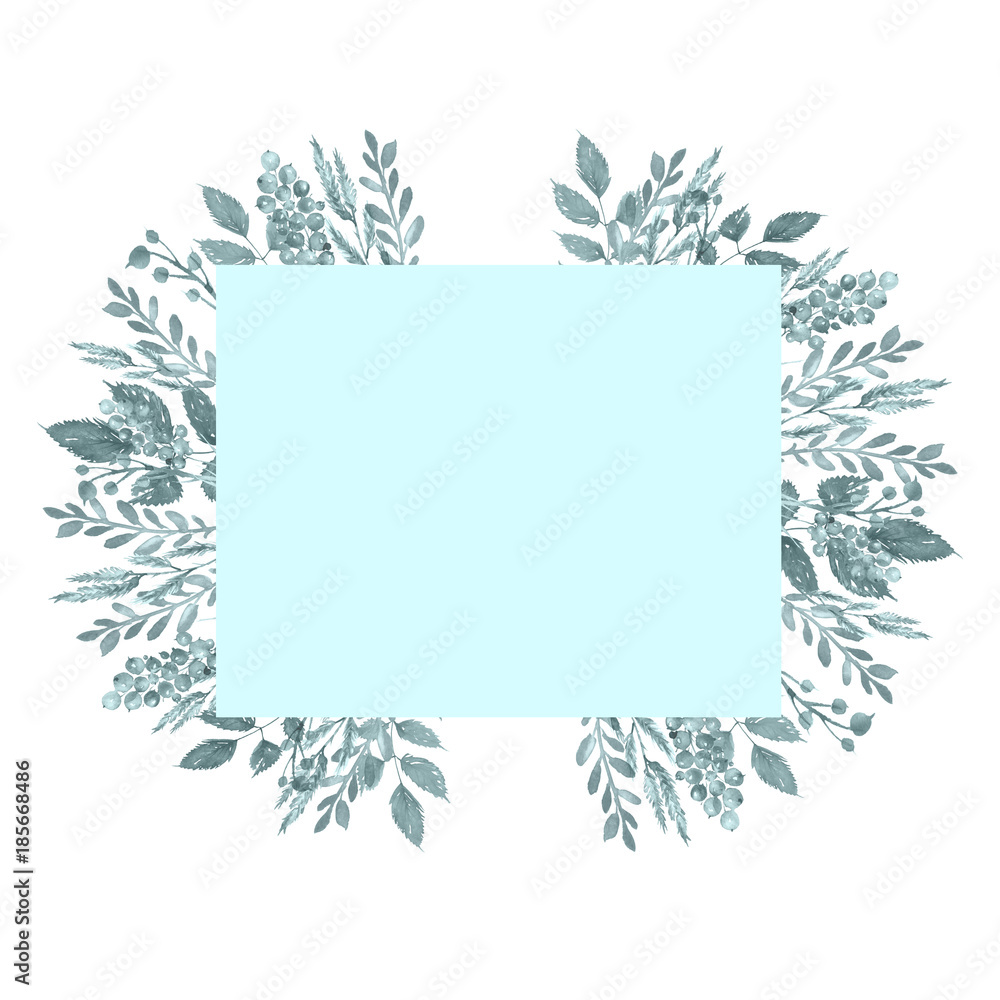 Obraz premium Watercolor card, card, invitation, label from a vegetable pattern. Picture of wild grasses, flowers, spikelets, berries of blue, gray, beautiful color. On white isolated background.
