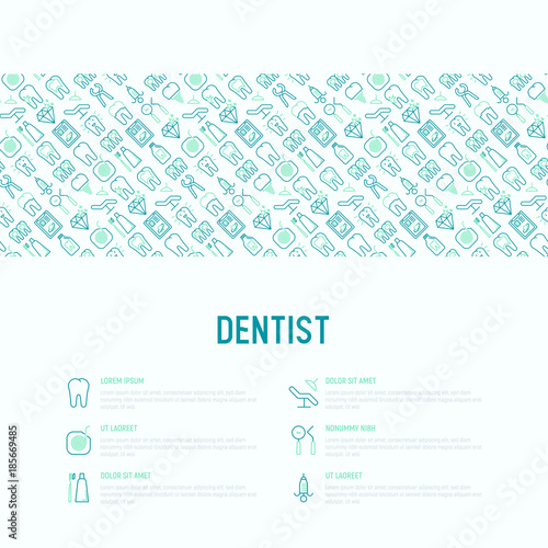 Dentist concept with thin line icons of tooth, implant, dental floss, crown, toothpaste, medical equipment. Modern vector illustration for banner, web page, print media.