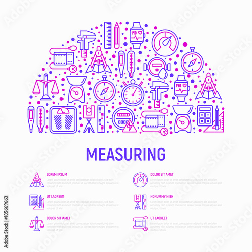 Measuring concept in half circle with thin line icons: stopwatch, weight scales, speedometer, smart watch, brass scales, thermometer. Modern vector illustration for web page, banner, print media.