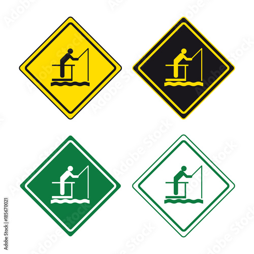 Fisherman fishing fish sign set