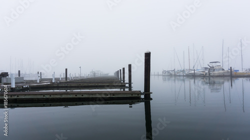 Diminishing view of docks on a misty morning - landscape view