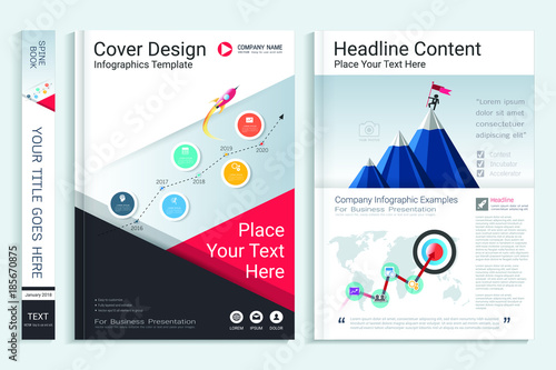 Cover book design template with business infographics data report chart, Use for annual report, proposal, portfolio, brochure, flyer, leaflet, catalog, magazine, booklet, Vector template in A4 layout.