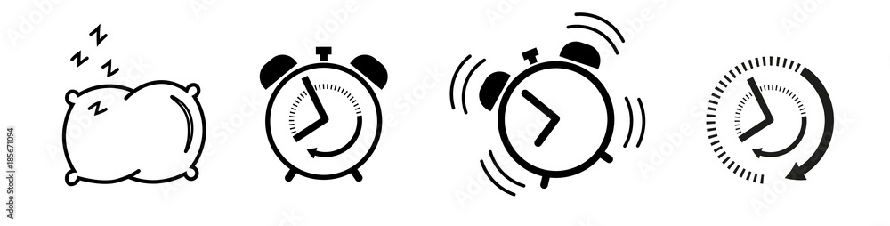 Sleep and wake up Icon set alarm clock, pillow - obrazy, fototapety, plakaty 