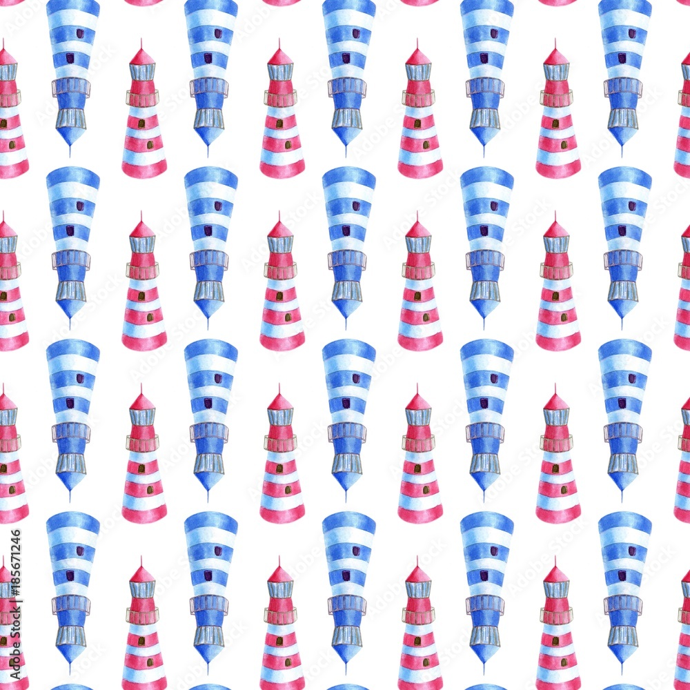 Seamless marine pattern. Blue and red beacons on white background
