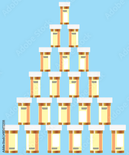 A stacked pyramid of prescription pill bottles six rows high