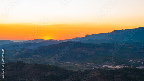 View of the mountain landscape at sunset in Siurana de Prades  Tarragona  Spain. Copy space for text.