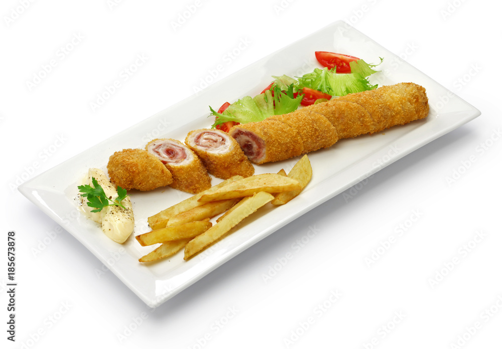 flamenquin, deep fried long pork roulade, spanish cordoba cuisine isolated on white background flamenquin, deep fried long pork roulade, spanish cordoba cuisine isolated on white background