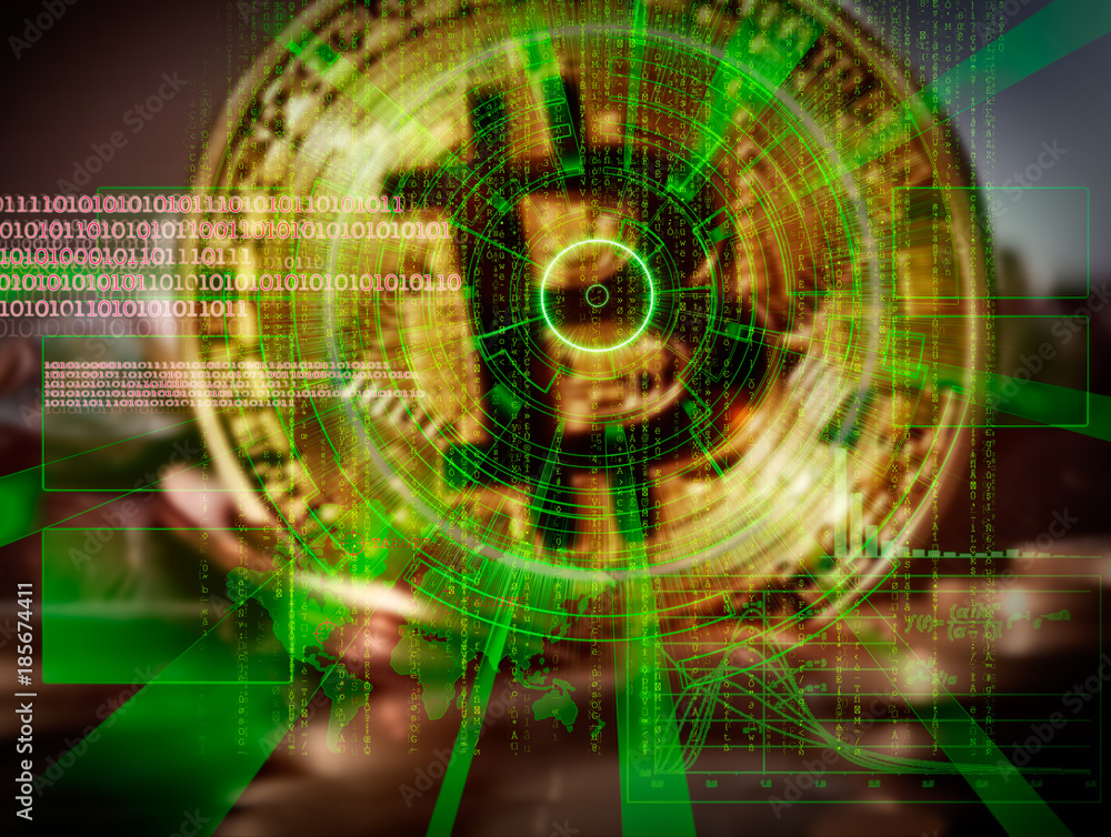 Fototapeta premium Bitcoin background with futuristic hud as synonym of global cryp