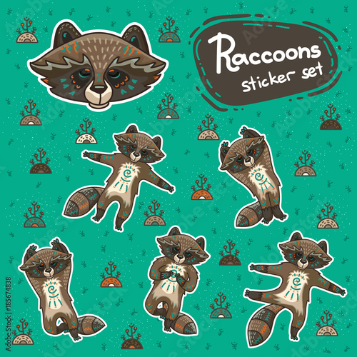 Sickers with hand drawn tribal racoon doing yoga position.