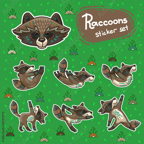 Sickers with hand drawn tribal racoon doing yoga position.