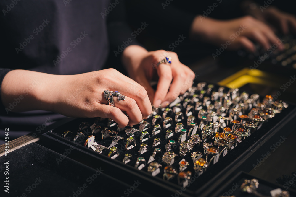 Fototapeta premium Presentation of retail showcase in jewellery store with rings
