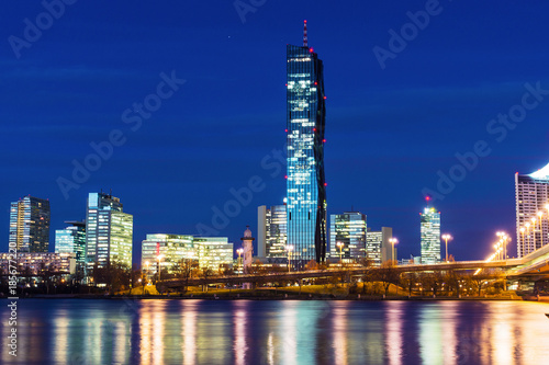 Photography Modern part of Vienna Austria, with skyscrapers on the Danube with reflect in th