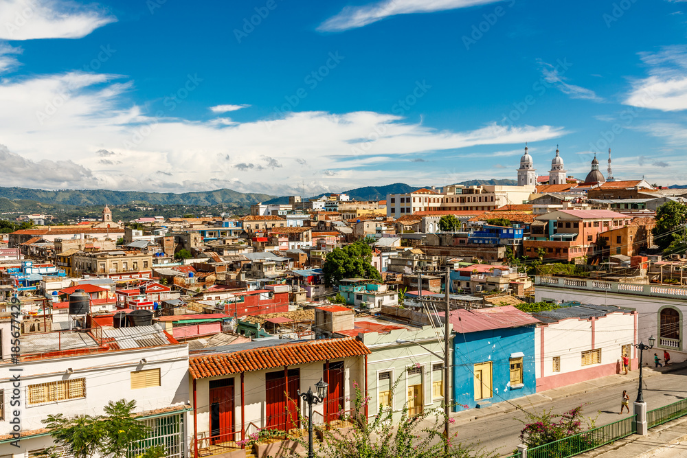View to the city center with old houses and Basilica of Our Lady of the Assumption, Santiago de Cuba, Cuba
