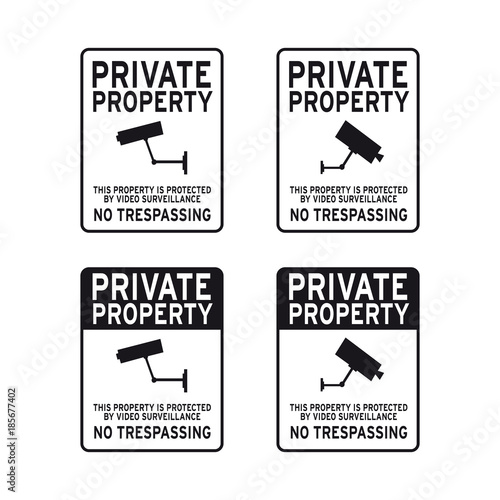 Private property no trespassing surveillance camera sign set