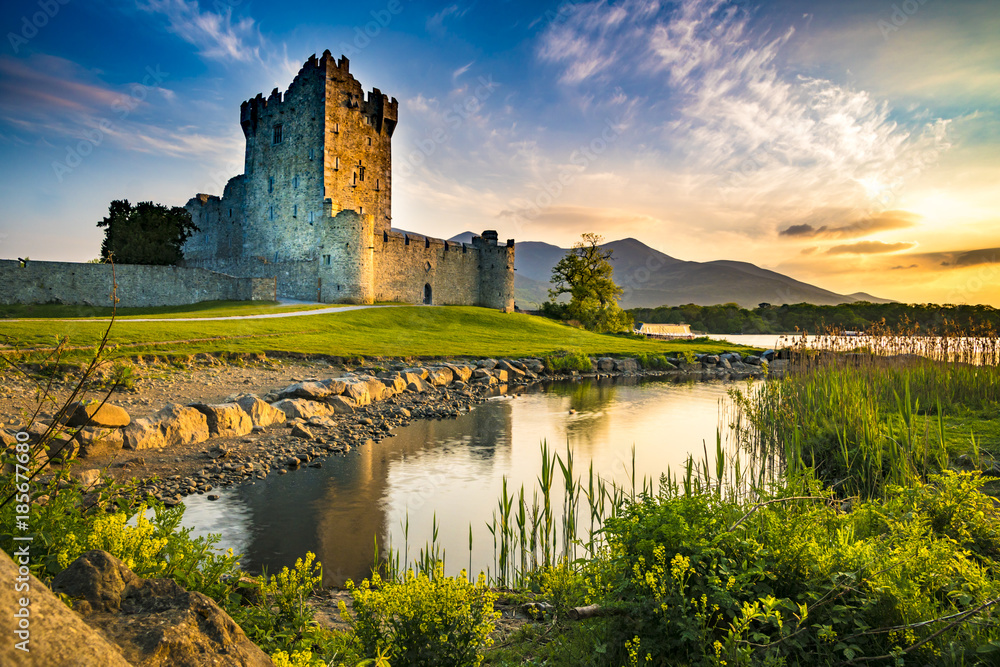 Ancient old Fortress Ross Castle ruin with lake and grass in Ireland during golden hour nobody