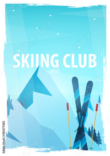 Winter Sport. Ski and Snowboard. Mountain landscape. Snowboarder in motion. Vector illustration.