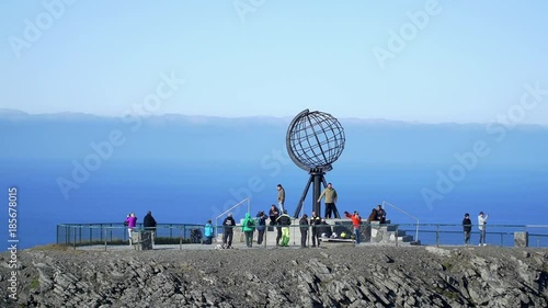 North Cape globe monument with tourists photo