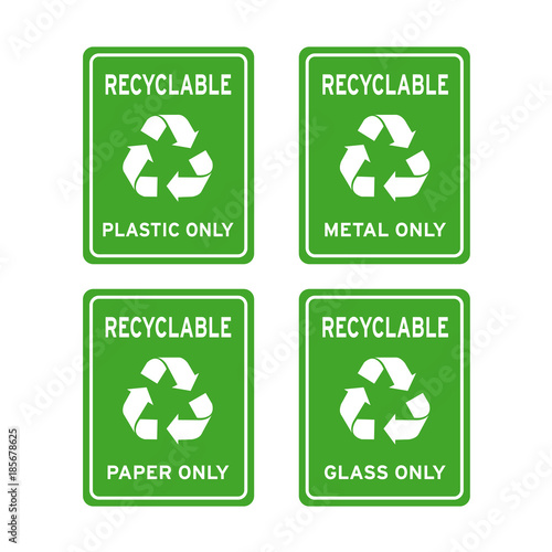 Recyclable plastic metal paper glass only sign set 