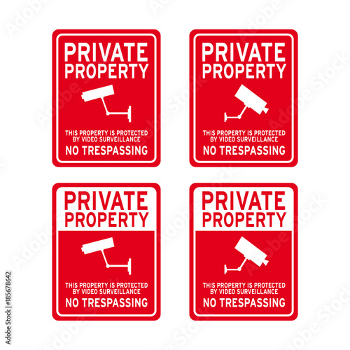 Private property no trespassing surveillance camera sign set