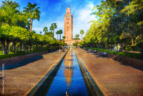 Koutoubia Mosque minaret at medina quarter of Marrakesh, Morocco photo