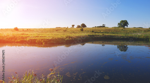 Sunny summer landscape.River Upa in Tula region, Russia.Trees growing on the riverbank at sunrise.Beautiful view.Warm morning.