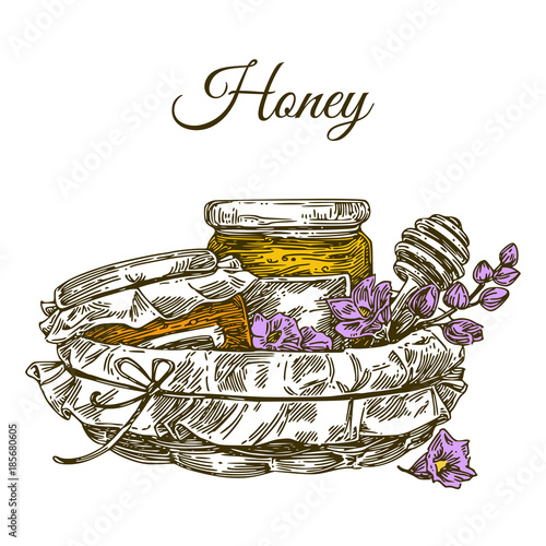 Basket with jars of honey, flowers and spoon. Engraving style. Vector illustration.