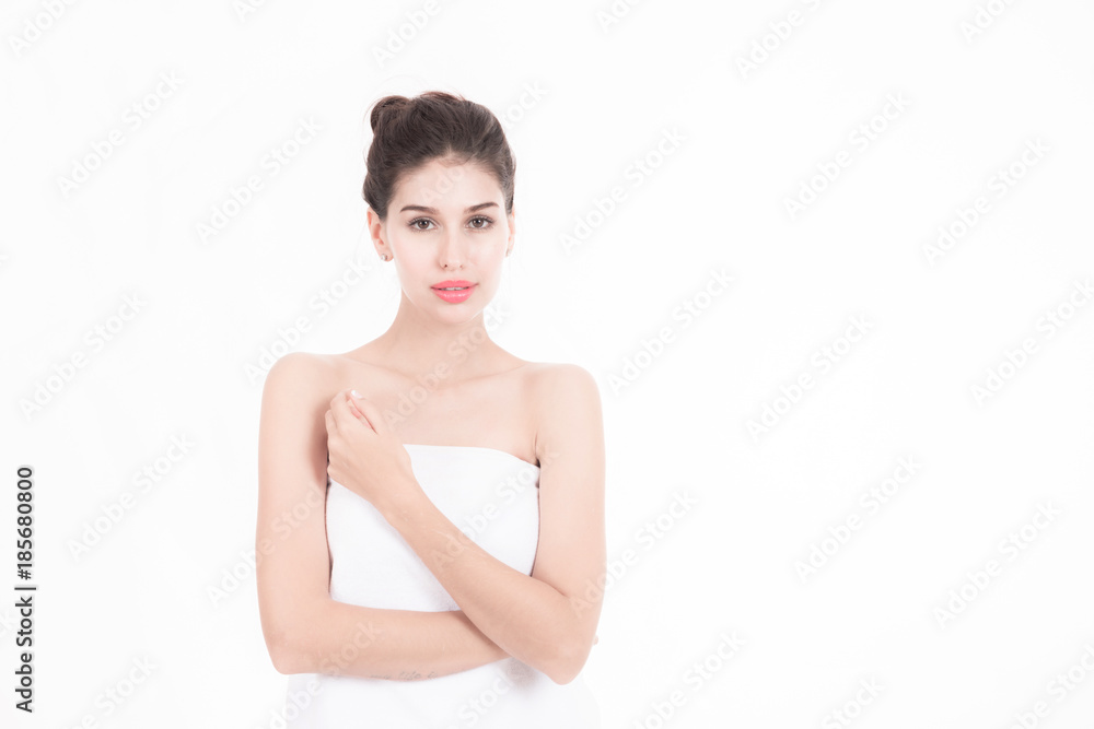 Woman with towel spa bath. Beautiful white woman wrapped in white towel isolated in white. Beauty spa concept. Woman with towel spa bath. Beautiful white woman wrapped in white towel isolated in white. Beauty spa concept.
