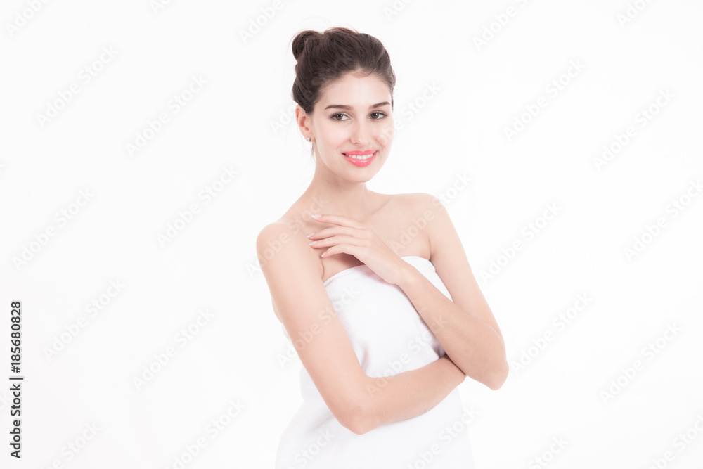 Woman with towel spa bath. Beautiful white woman wrapped in white towel isolated in white. Beauty spa concept. Woman with towel spa bath. Beautiful white woman wrapped in white towel isolated in white. Beauty spa concept.