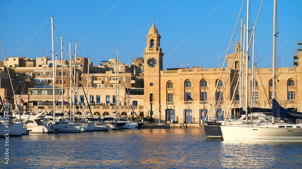 The yachts and boats moored in front of Malta Maritime Museum. Vittoriosa, Malta