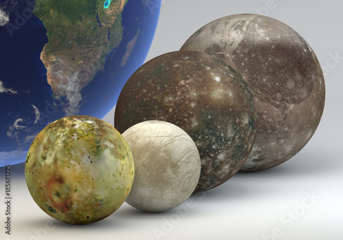 Fototapeta Naklejka Na Ścianę i Meble -  Jupiter moons with Earth comparison