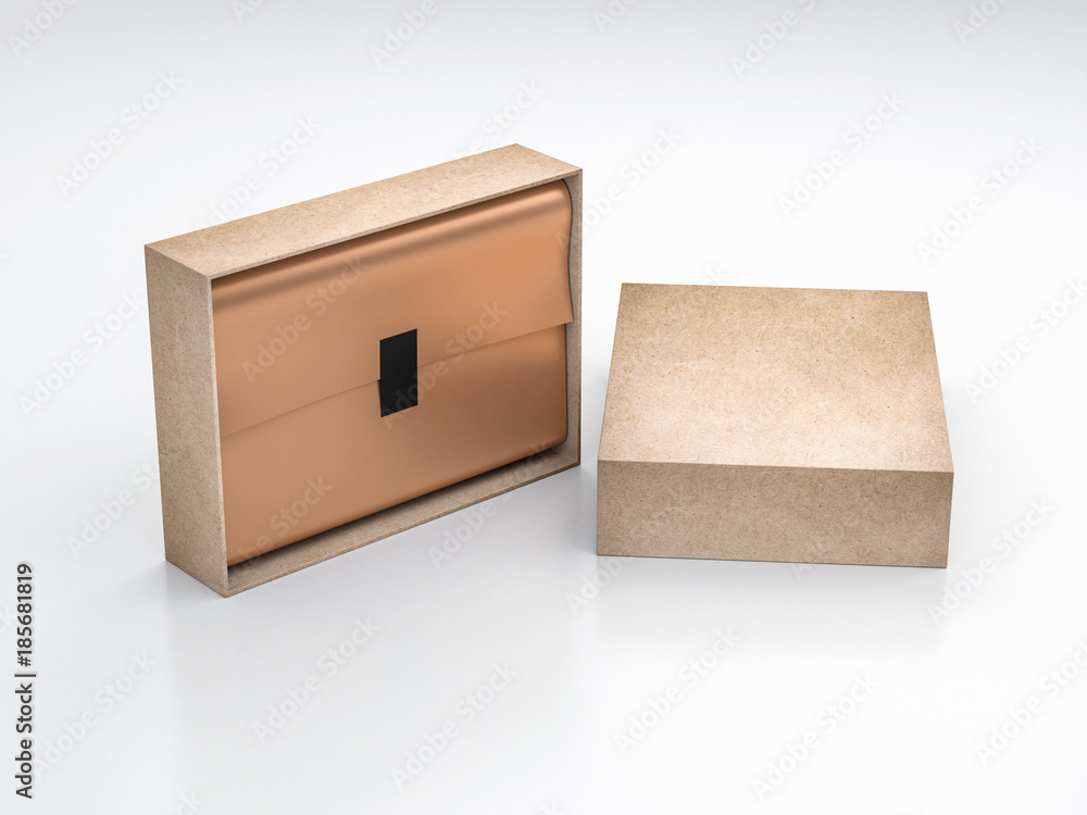 Brown kraft paper Gift Box Mockup with Cover and golden wrapping paper and black sticker Brown kraft paper Gift Box Mockup with Cover and golden wrapping paper and black sticker