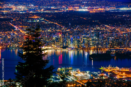 Aerial view of Vancouver city by night.