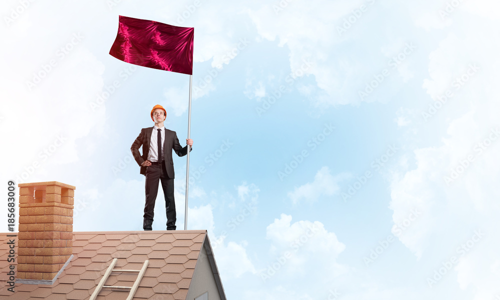Young businessman with flag presenting concept of leadership. Mixed media Young businessman with flag presenting concept of leadership. Mixed media