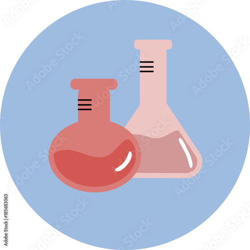 beakers and flasks with liquids on a round background