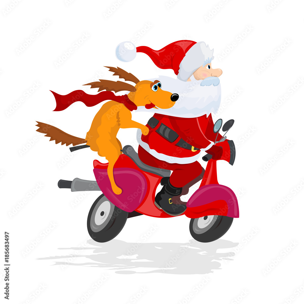 Santa Claus and dog ride the scooter. Santa Claus and dog ride the scooter.