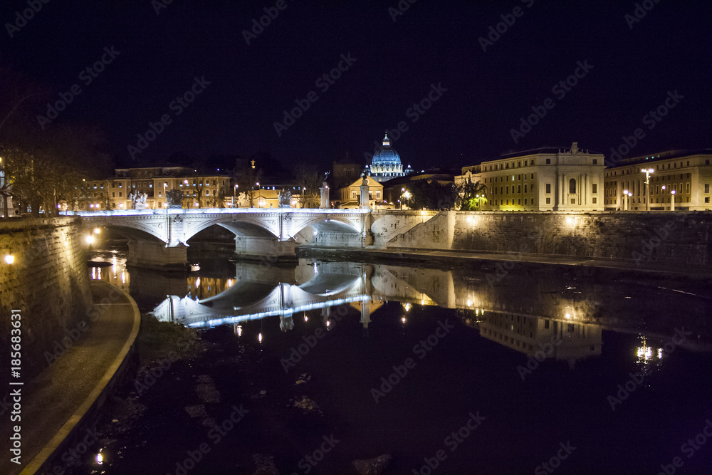Panorama of Rome by night on Tevere river