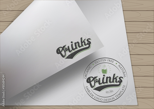 Round Badge in Frame Gluten Free Drinks with Hand Drawn Lettering and Jar Icon on A4 Sheet Paper on Wooden Background. Green Emblem Vector Illustration.